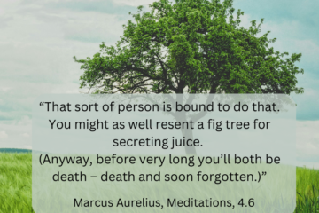 Dealing with frustrating people. "“That sort of person is bound to do that. You might as well resent a fig tree for secreting juice. (Anyway, before very long you’ll both be death – death and soon forgotten.)” Marcus Aurelius, Meditations 4.6
