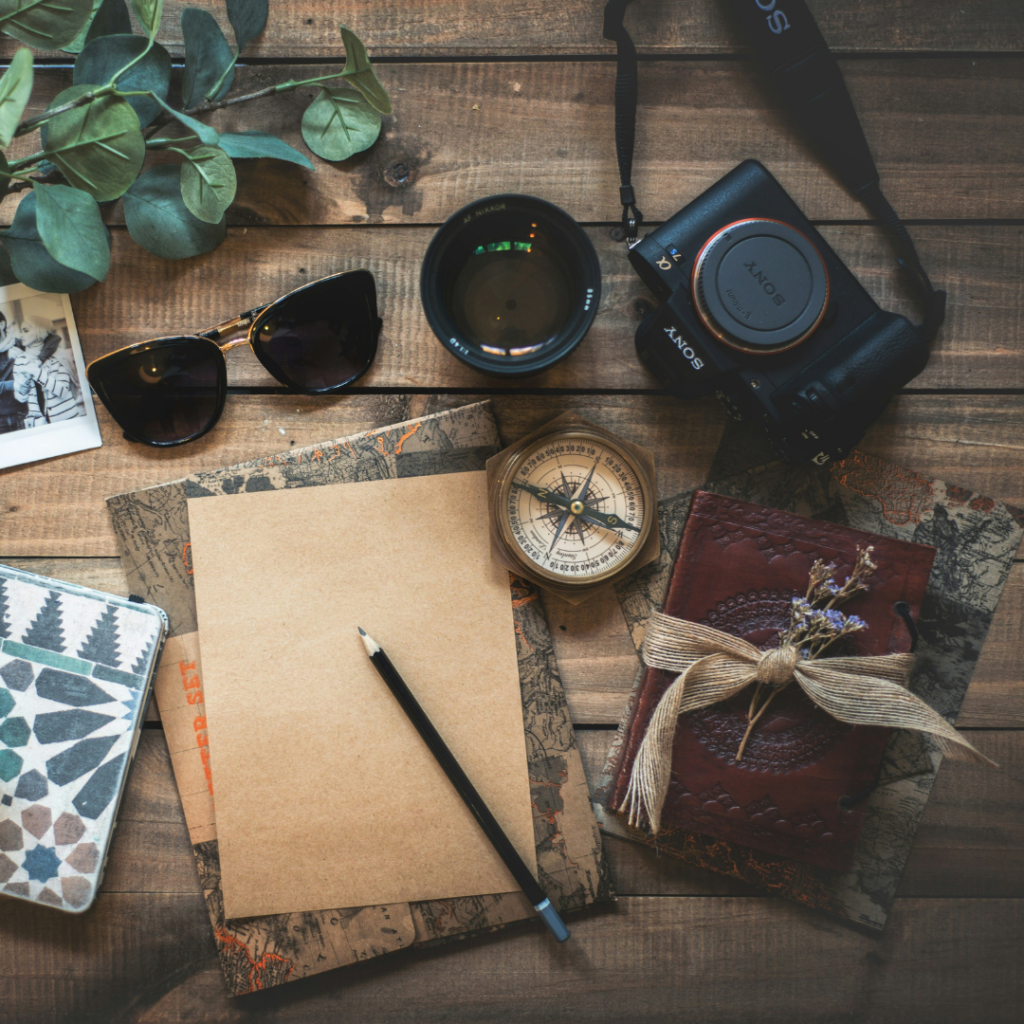 A table full of travel items.