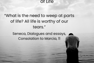 Why we need a Philosophy of Life. What is the need to weep at parts of life? All life is worthy of our tears." Seneca. Person standing on a rock in a mountain range.