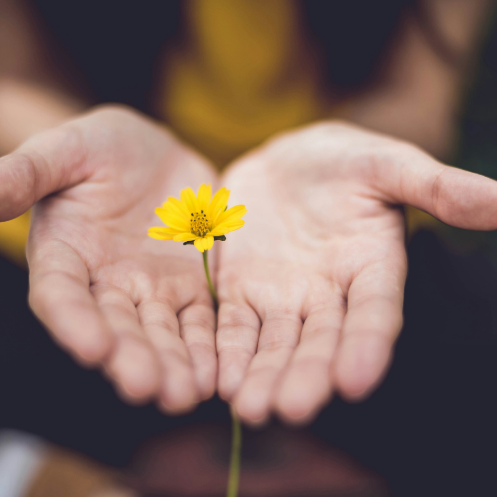 Woman holding a flower between her hands. Being content with little.
