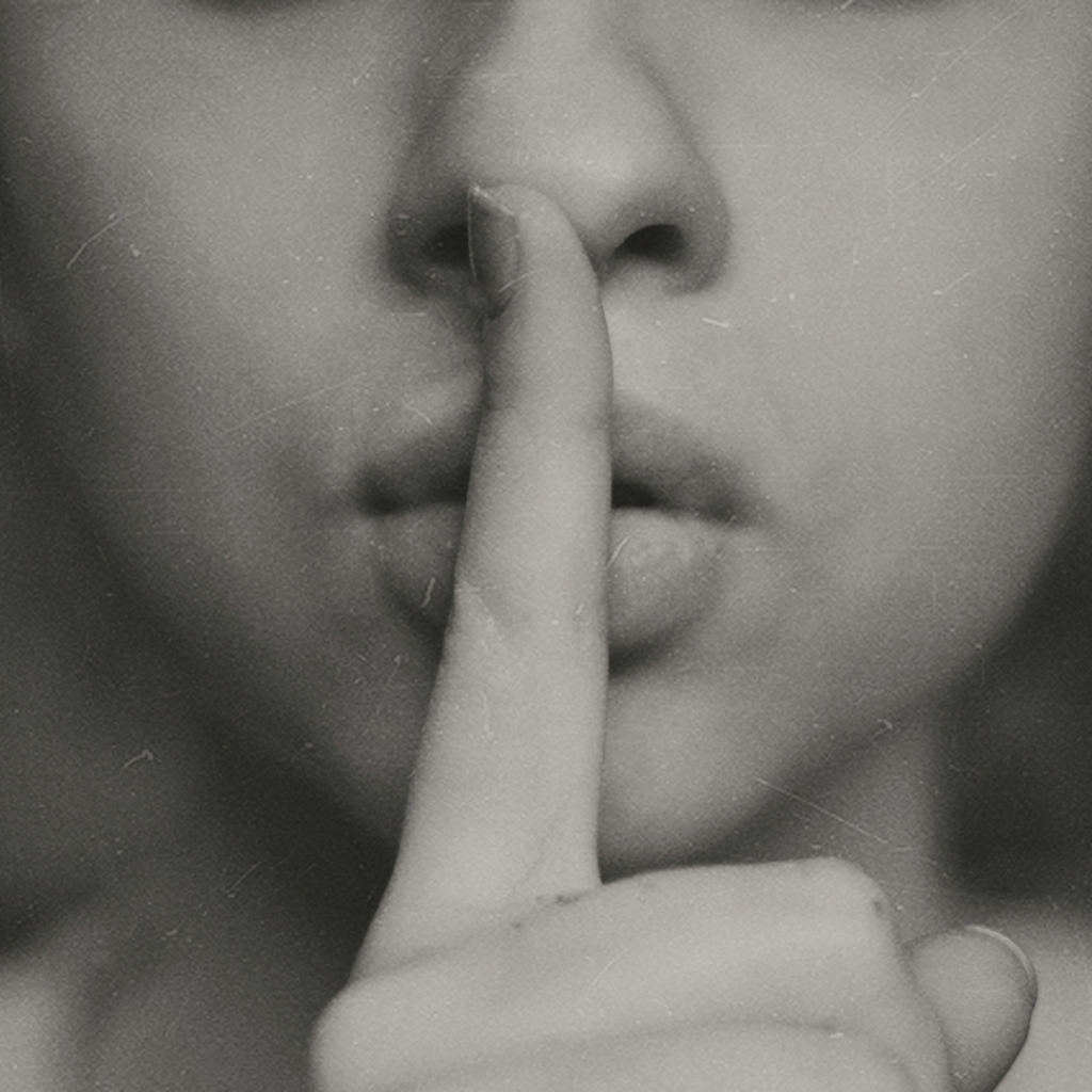 Woman holding a finger in front of her mouth to signal silence.