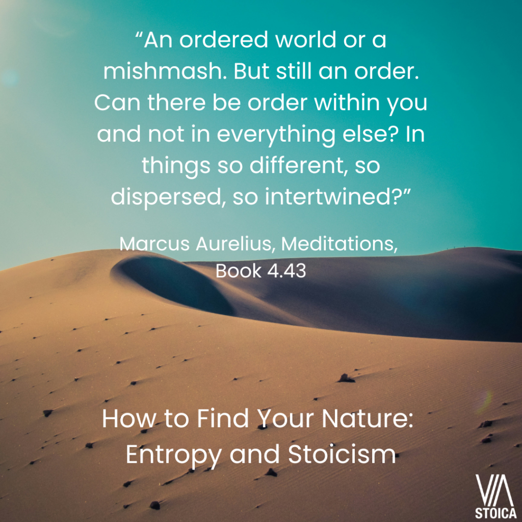 How to Find our Nature: Entropy and Stoicism.

“An ordered world or a mishmash. But still an order. Can there be order within you and not in everything else? In things so different, so dispersed, so intertwined?” Marcus Aurelius