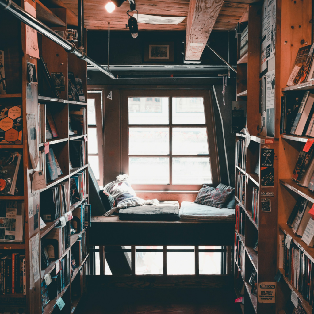 Bookshelves full of books.