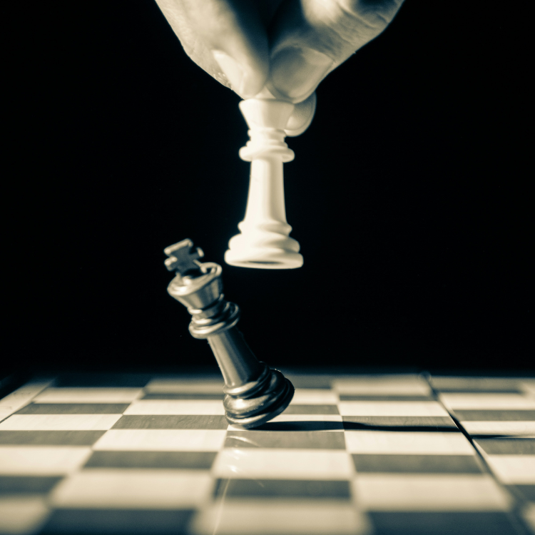 Chess pieces in conflict.