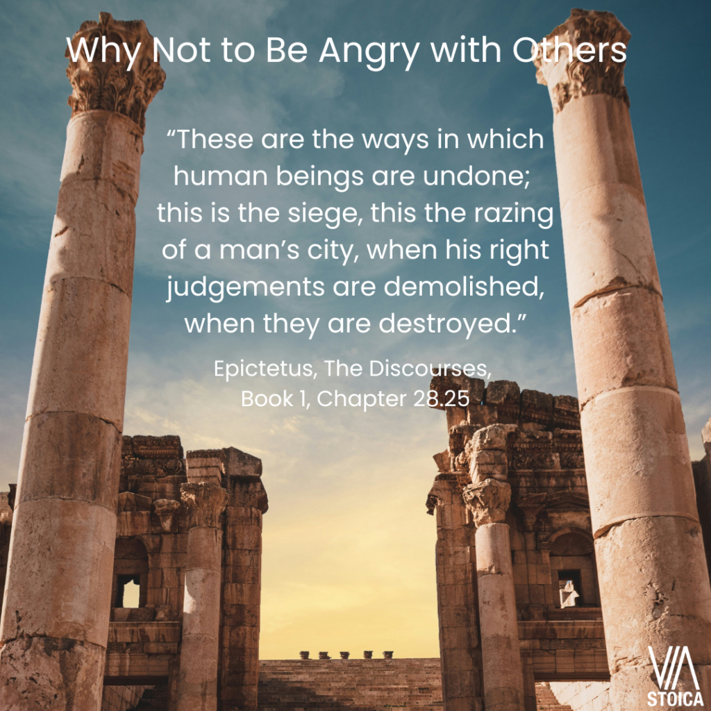 Why not to be angry with others. “These are the ways in which human beings are undone; this is the siege, this the razing of a man’s city, when his right judgements are demolished, when they are destroyed.” Epictetus, The Discourses, Book 1, Chapter 28.25