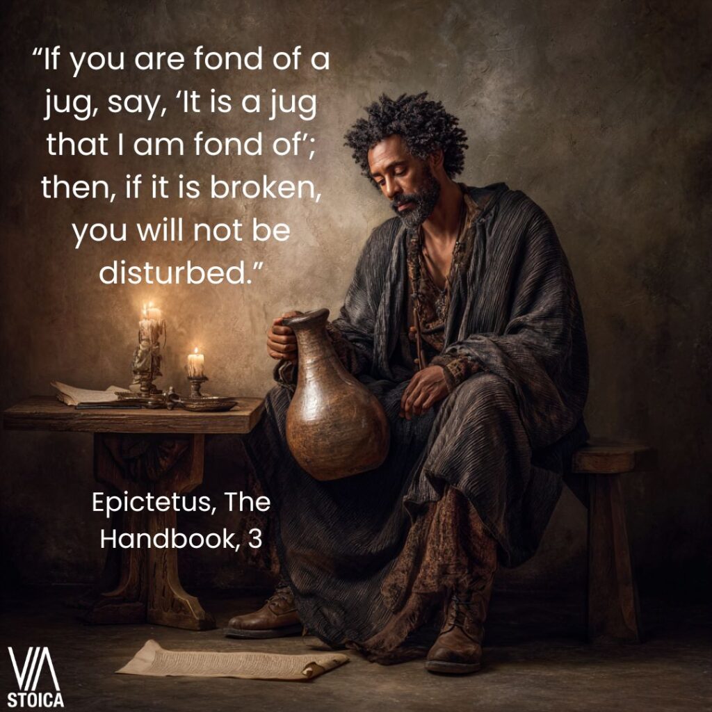 “In the case of everything that delights the mind, or is useful, or is loved with fond affection, remember to tell yourself what sort of thing it is, beginning with the least of things. If you are fond of a jug, say, ‘It is a jug that I am fond of’; then, if it is broken, you will not be disturbed. Epictetus quote on Detachment from Loved Ones on Via Stoica.
