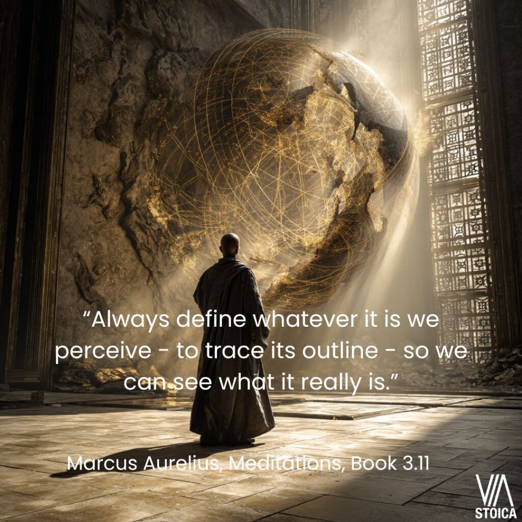 “Always define whatever it is we perceive - to trace its outline - so we can see what it really is: its substance. Stripped bare. As a whole. Unmodified. And to call it by its name - the thing itself and its components, to which it will eventually return.” The Stoic Discipline of assent on Via Stoica.