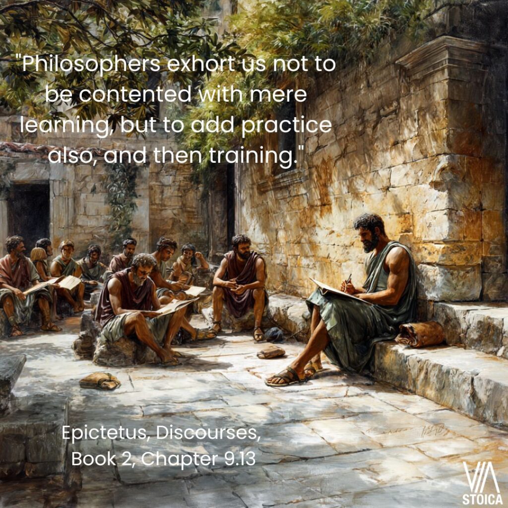 "Philosophers exhort us not to be contented with mere learning, but to add practice also, and then training." Stoic practice and training examined on Via Stoica.
