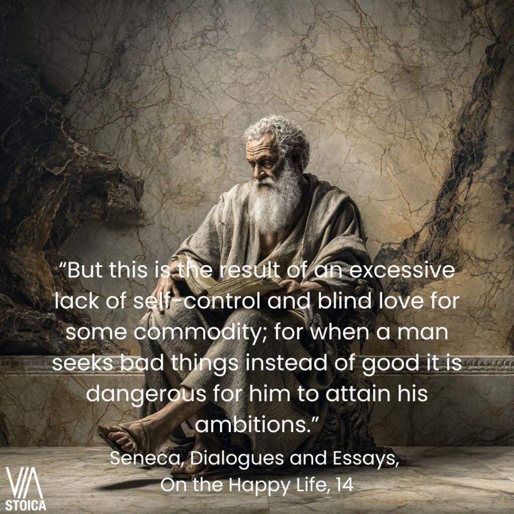 “But this is the result of an excessive lack of self-control and blind love for some commodity; for when a man seeks bad things instead of good it is dangerous for him to attain his ambitions.” Seneca on Self-control in Stoicism on Via Stoica.
