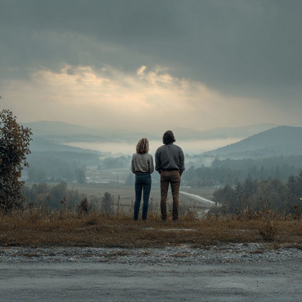 A couple looking out over the mountains in a strong relationship on via stoica.