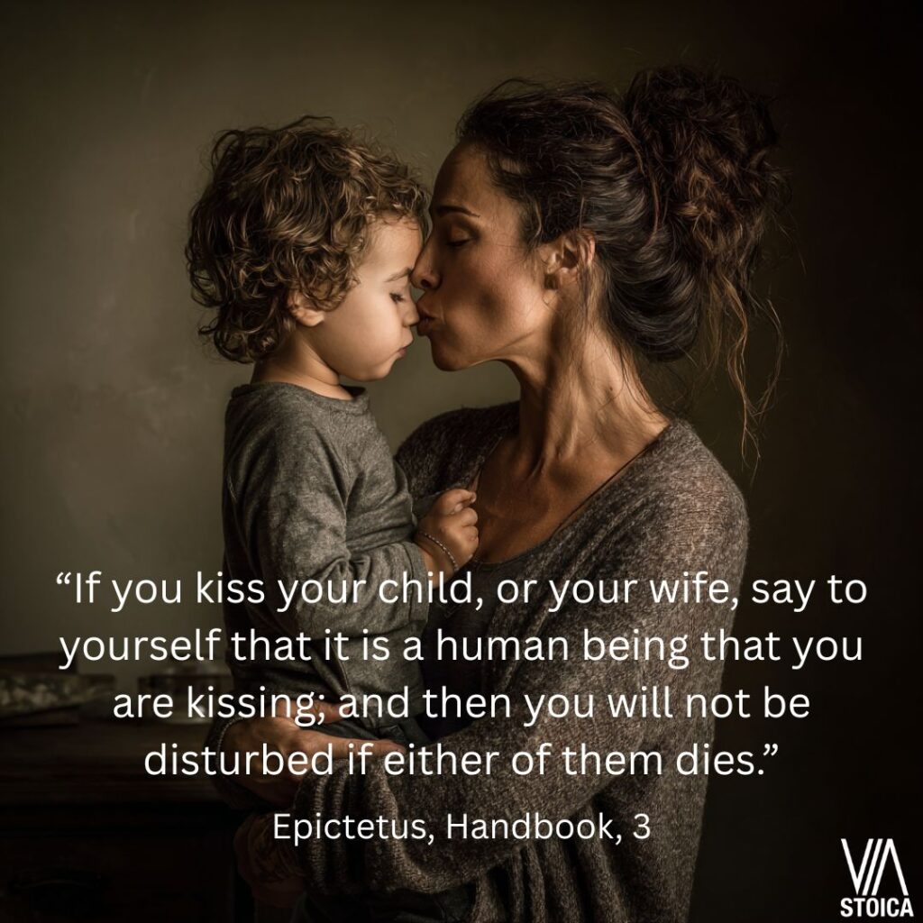 A mother kissing a child, reminder herself that both are mortal, on Via Stoica.