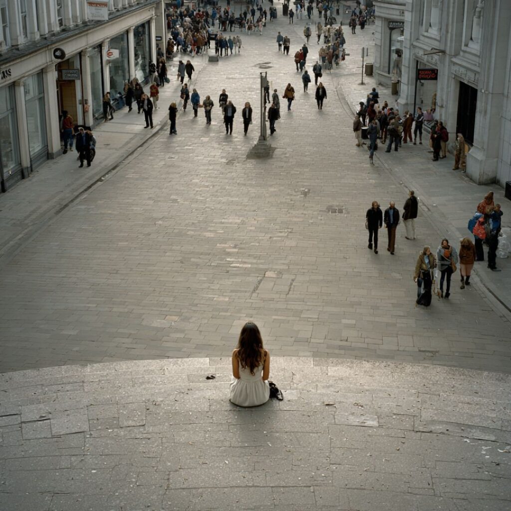 Woman sitting in a circle in a city looking at people on Via Stoica.