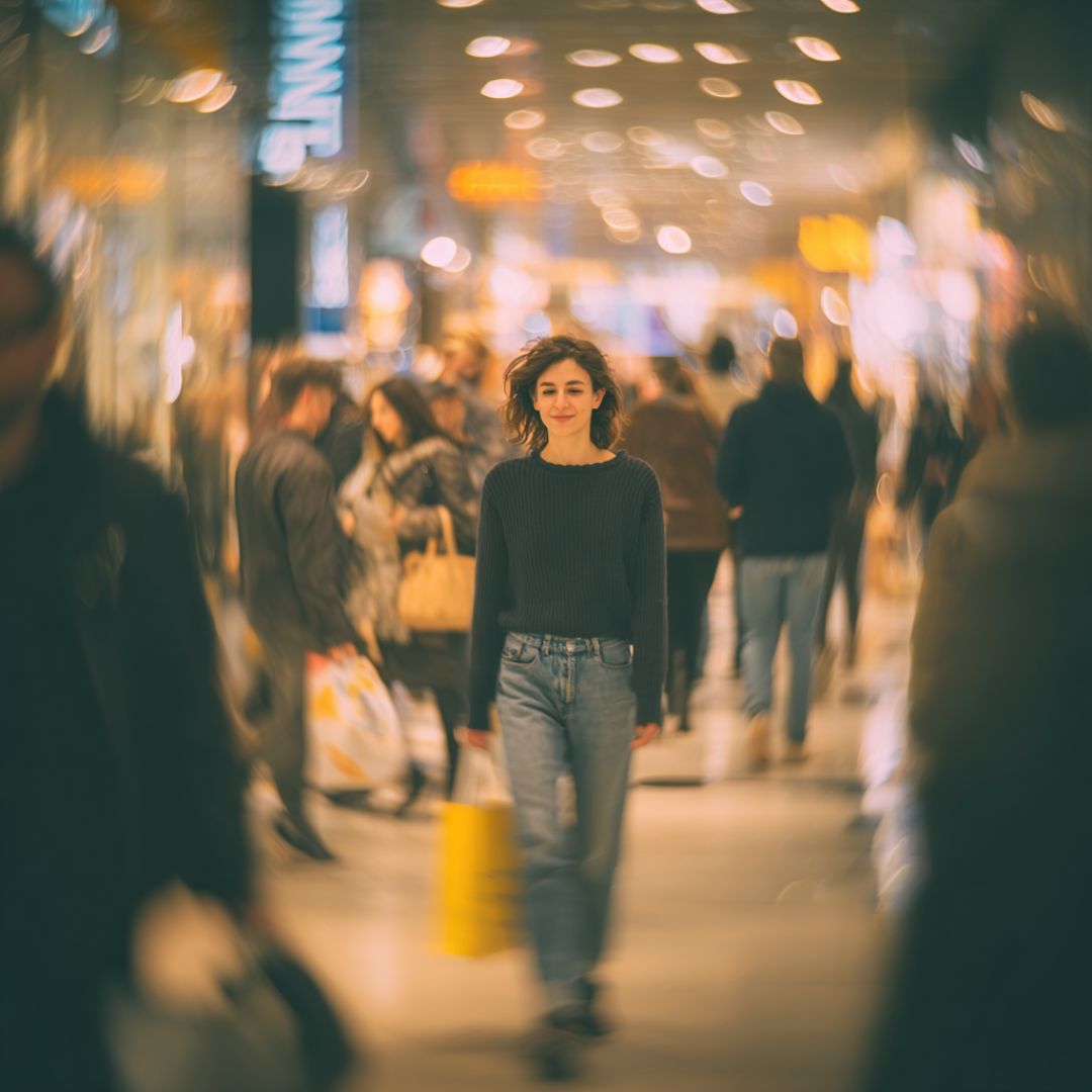 A person walking calmly through a busy shopping mall, grounded and unhurried amid the noise, representing finding your philosophy of life, Via Stoica.