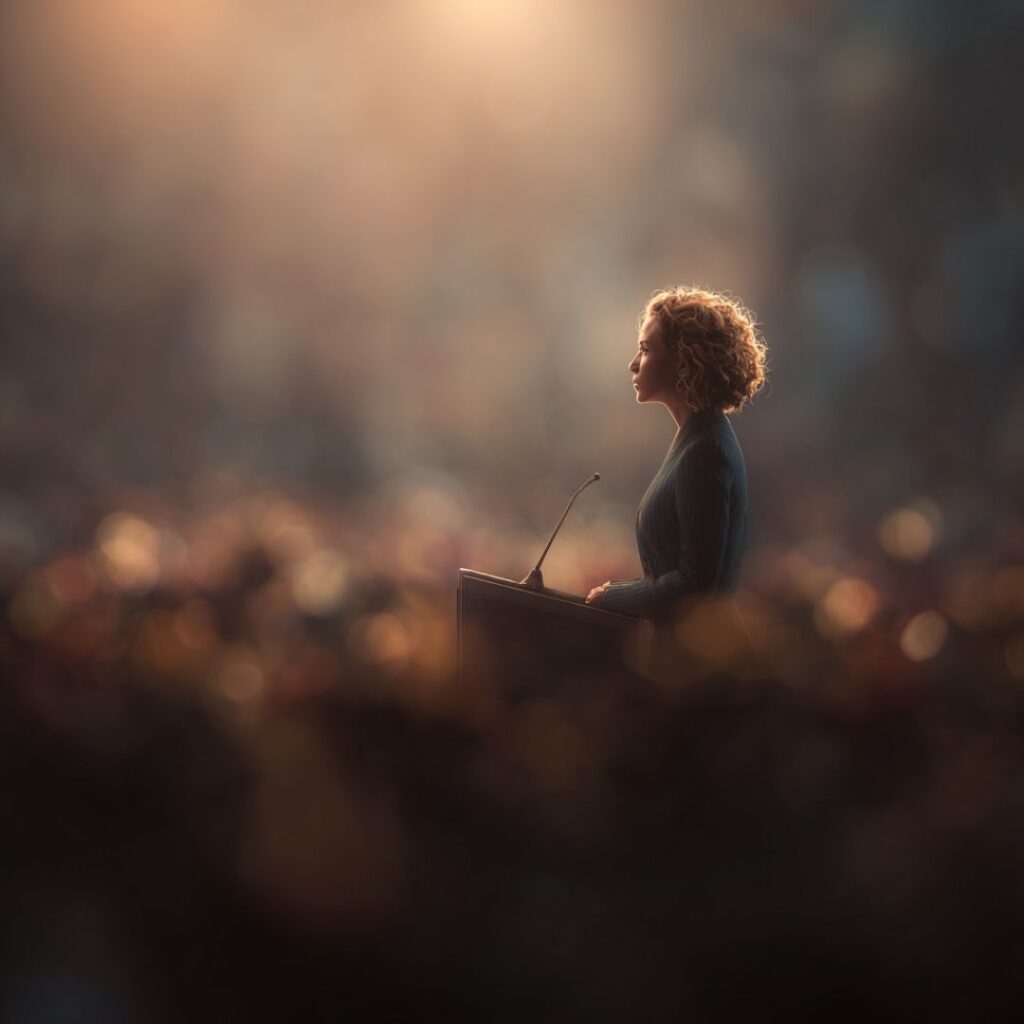 A public speaker staying composed in front of a large crowd, practising Stoic assent.