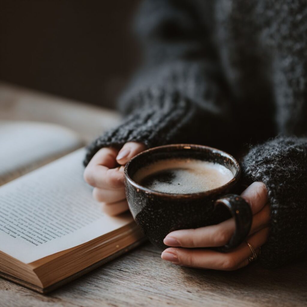 A person drinking a coffee and reading a book on men's mental health.