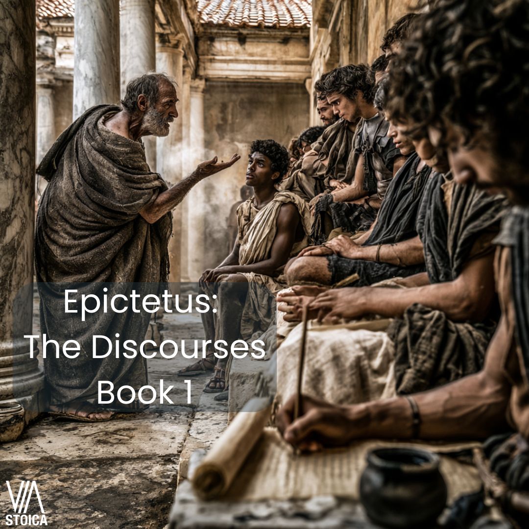 Epictetus Discoures Book 1, the master teaching his students while Arrian is taking notes.