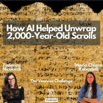 Federica Nicolardi and Maria Chiara Robustelli on a Herculaneum scroll, episode image about the Herculaneum scrolls