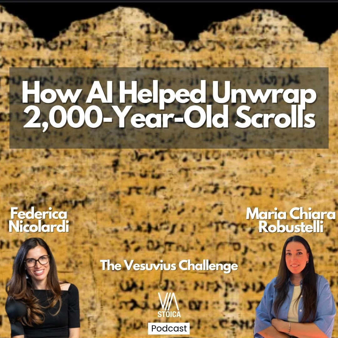 Federica Nicolardi and Maria Chiara Robustelli on a Herculaneum scroll, episode image about the Herculaneum scrolls
